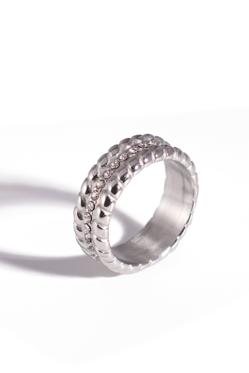[Ring] Gold & Silver Stainless Steel Bands with CZ Accents, 18K Gold Plated