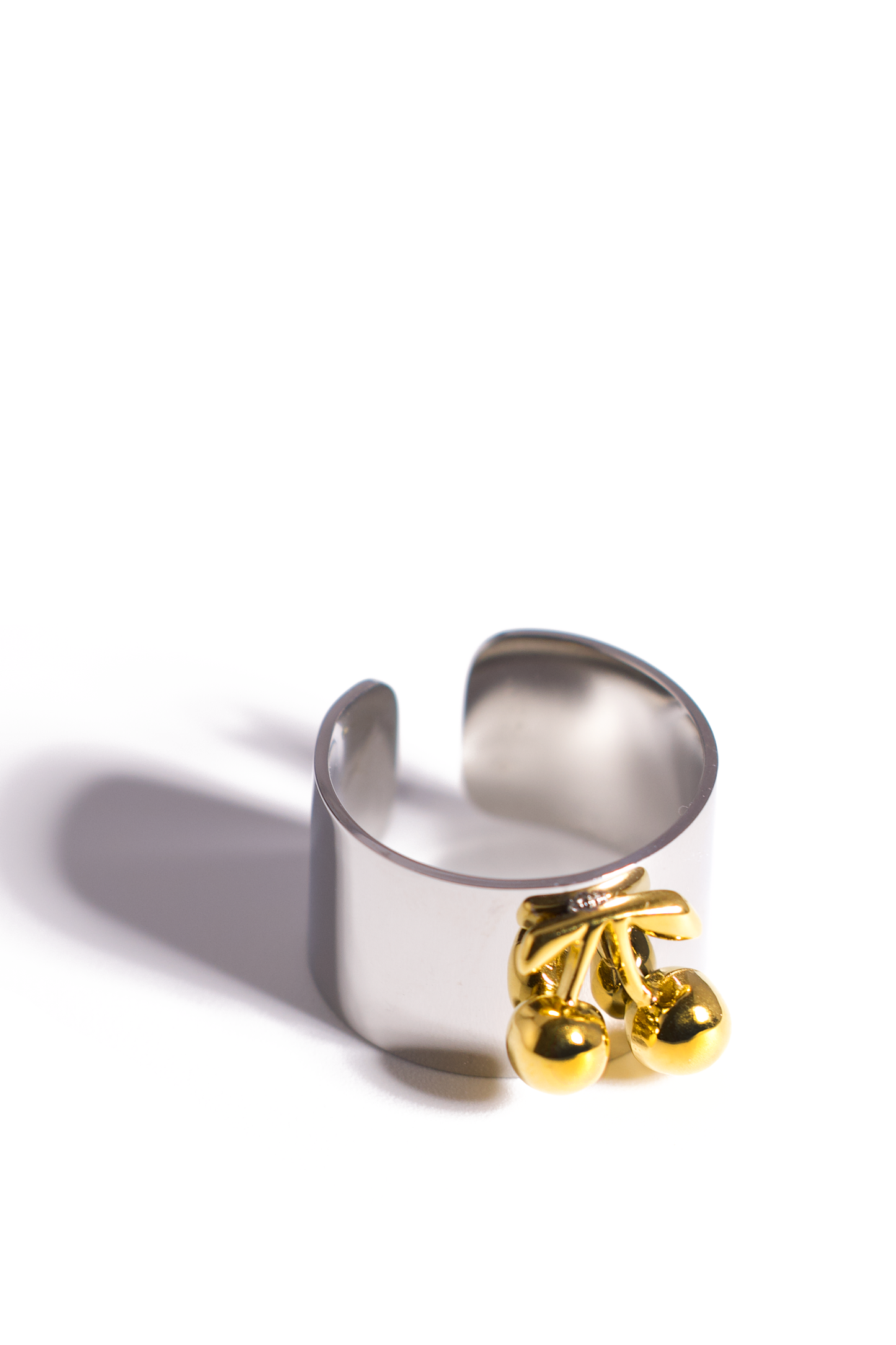 [Ring] Trendy Cherry Statement Ring – Adjustable Wide Cuff, Stainless Steel Cocktail Ring in Gold or Silver