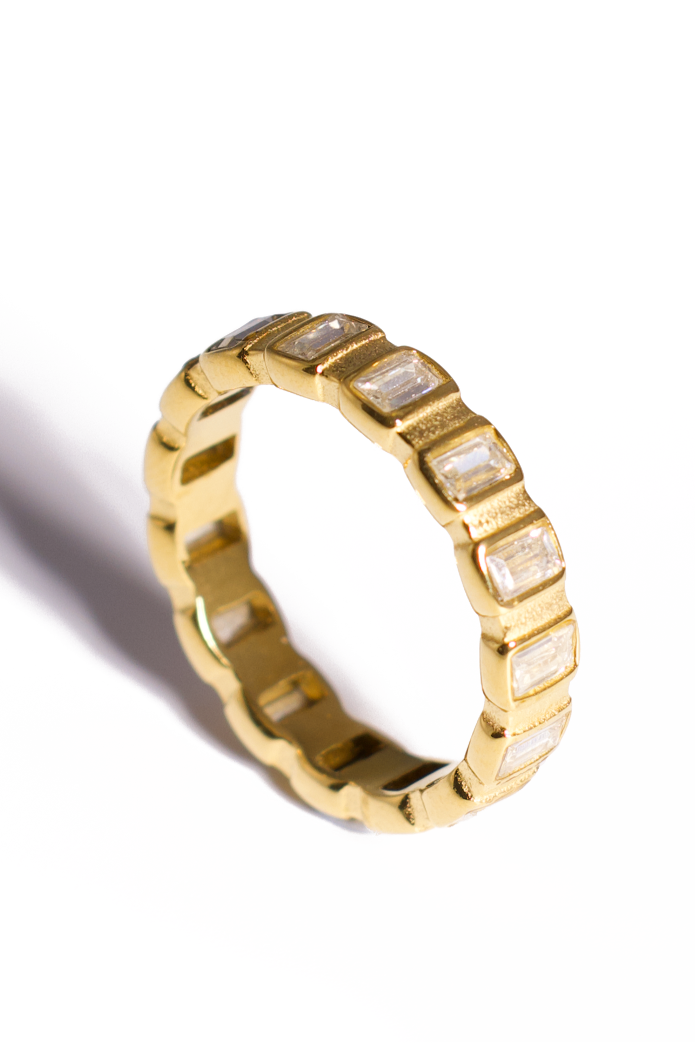 [Ring] Gold Baguette Eternity Band – Dainty Stacking Ring, 18K Gold Plated Stainless Steel with Clear CZ Stones