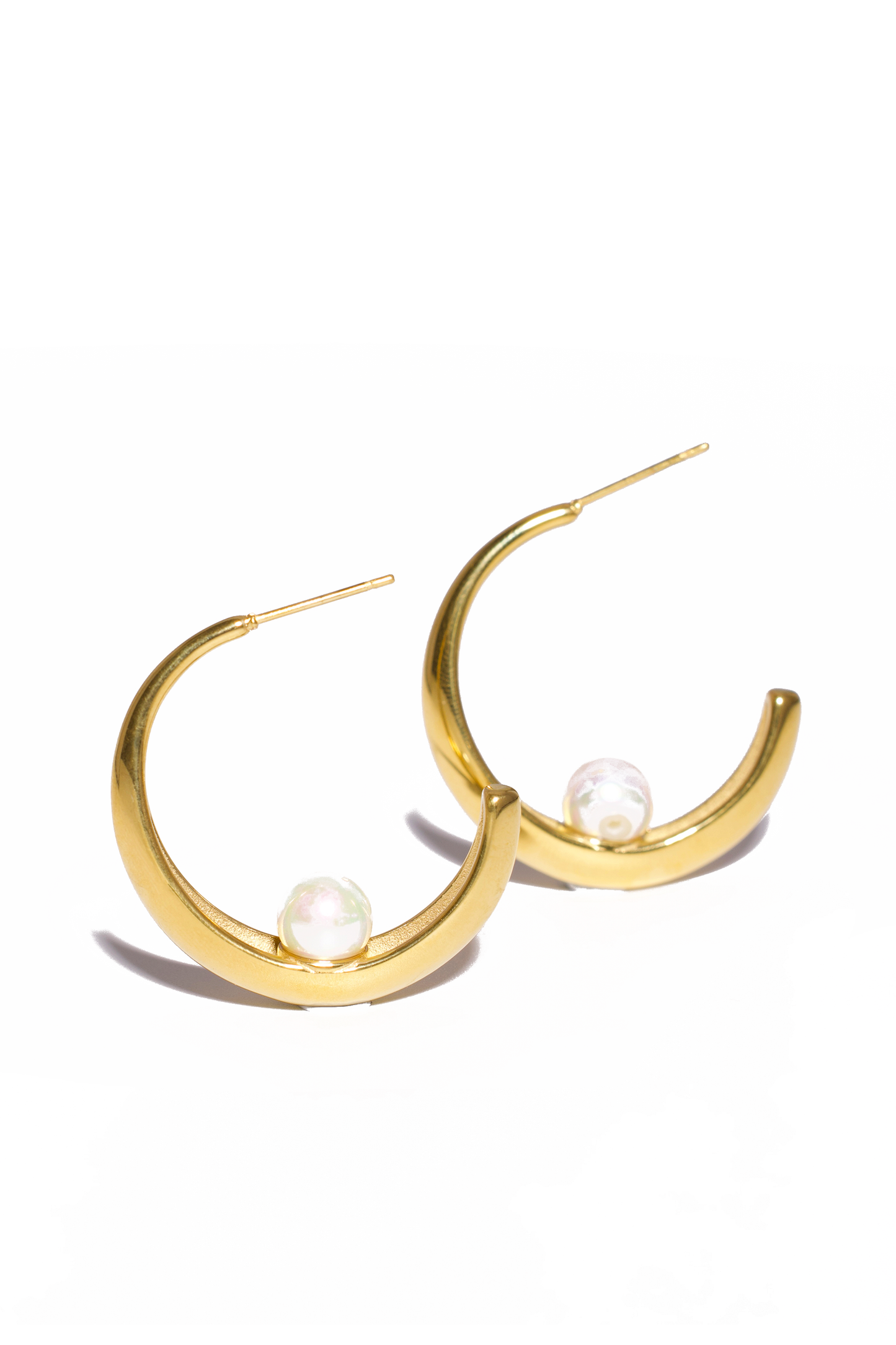 18K Gold Plated Crescent Hoop Earrings with Pearl Accent, Stainless Steel