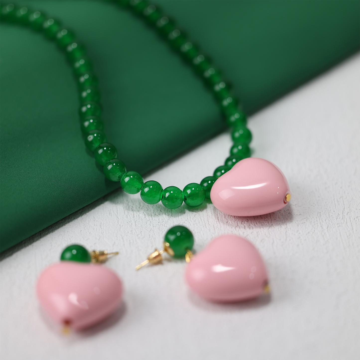 Handmade Cute Jewelry Set Pink Heart Green Beads, Glass and Acrylic, Necklace and Ear Studs for Girl and Women