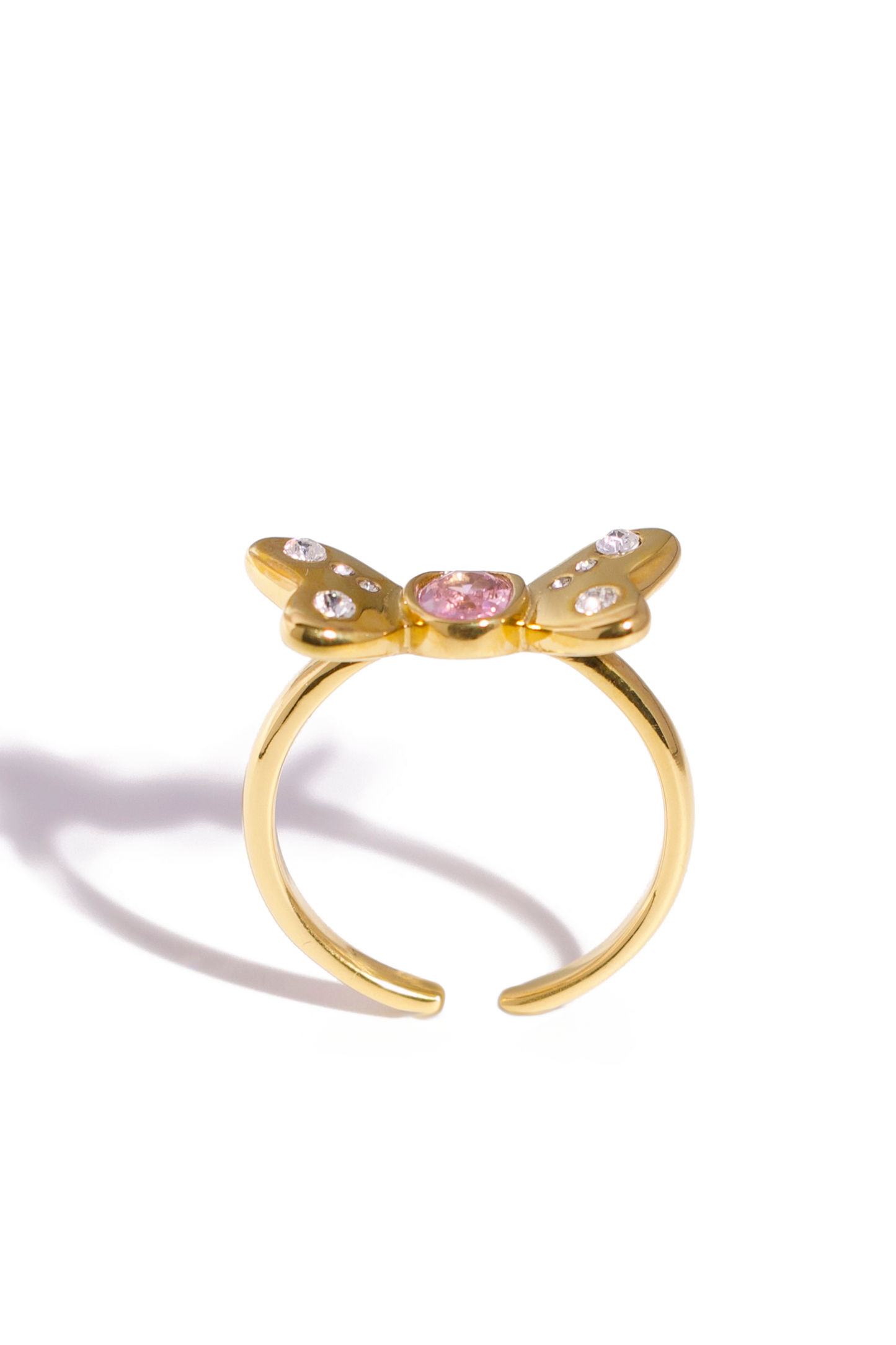[Ring] 18K Gold Plated Bow Ring with Pink Zircon Center, Stainless Steel