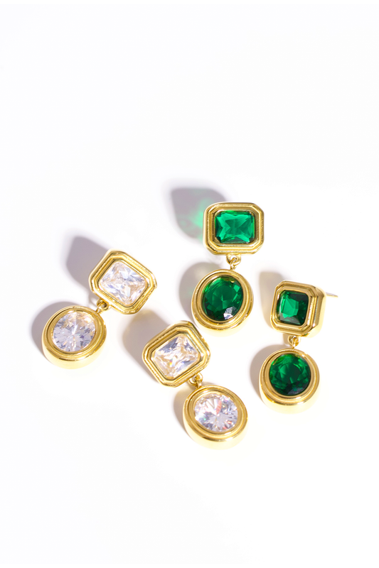Elegant Drop Earrings – Stainless Steel Gold Plated with Cubic Zirconia, Available in Clear or Green Stones