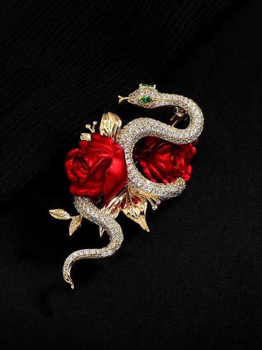 Golden Snake Red Rose Brooch, Women Corsage Pin, Fine Carved