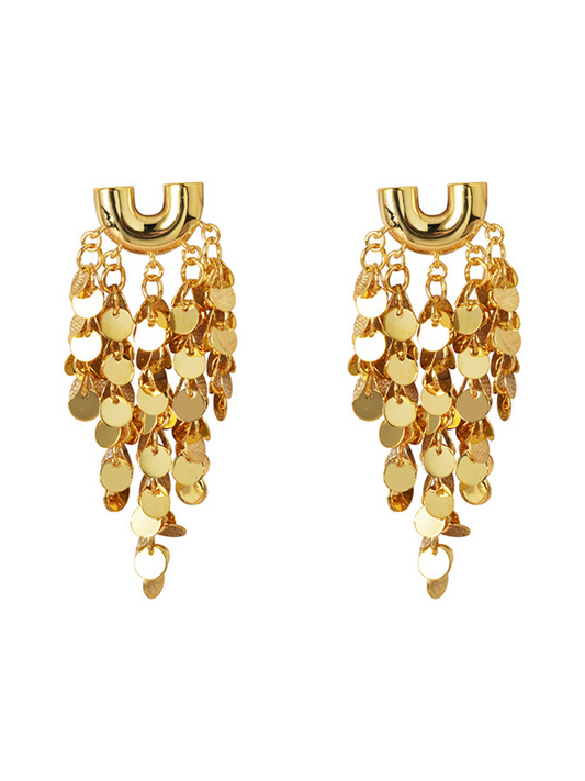 Golden Luxury Sparkling Gold Earrings, Dangle Tassel Design Multiple Golden Scale, Women Jewelry