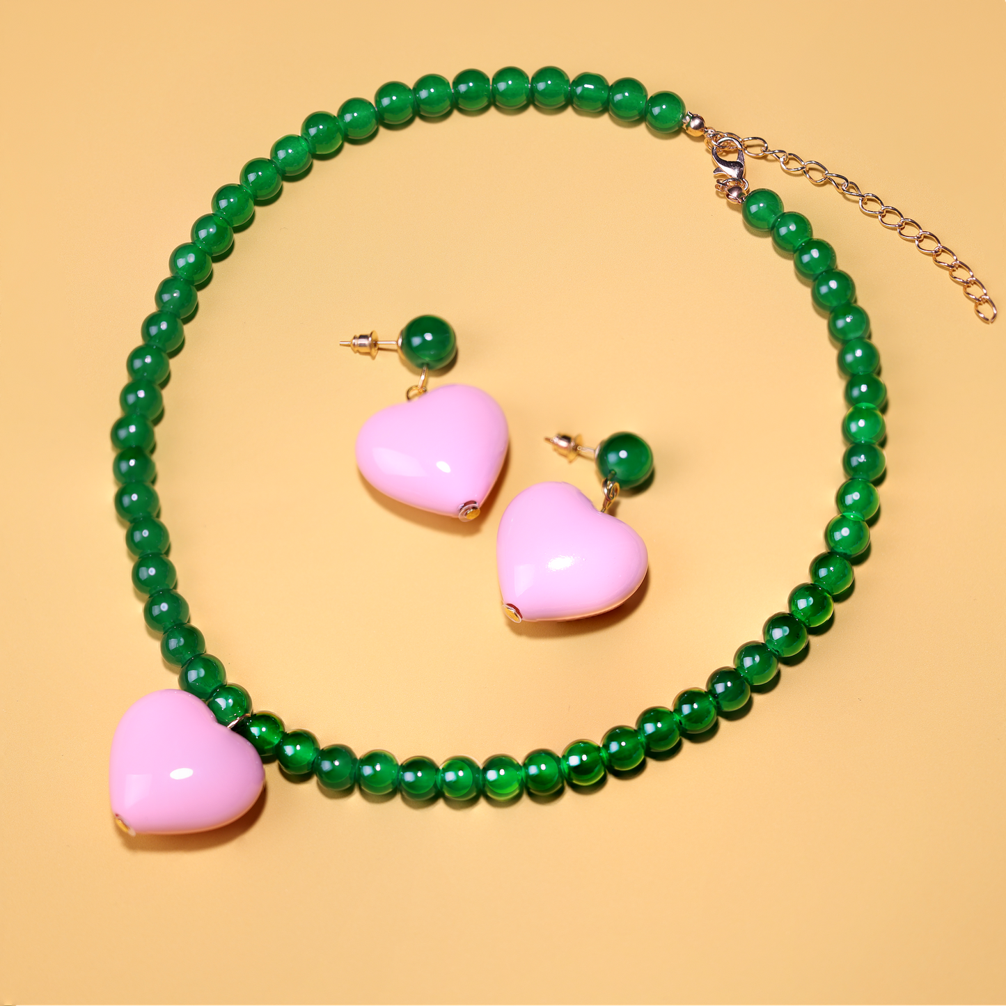 Handmade Cute Jewelry Set Pink Heart Green Beads, Glass and Acrylic, Necklace and Ear Studs for Girl and Women