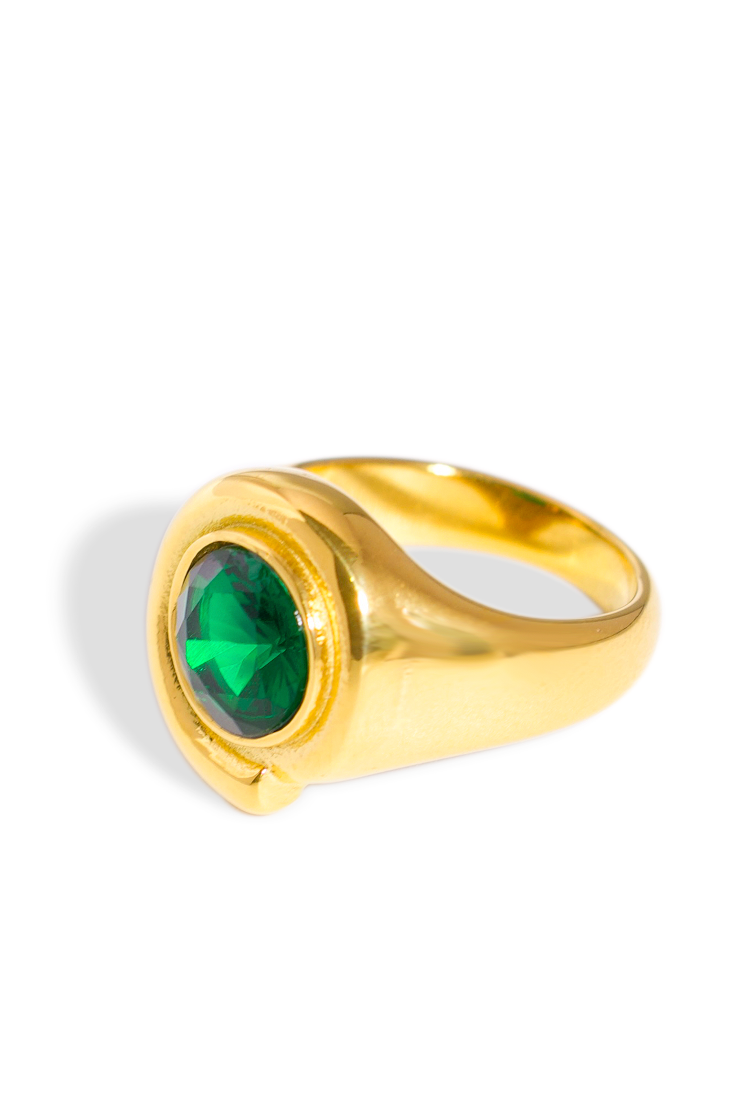 [Ring] Golden Ring, 18K Gold Plated Stainless Steel, Non-Tarnish Premium Round Green Zirconia Ring
