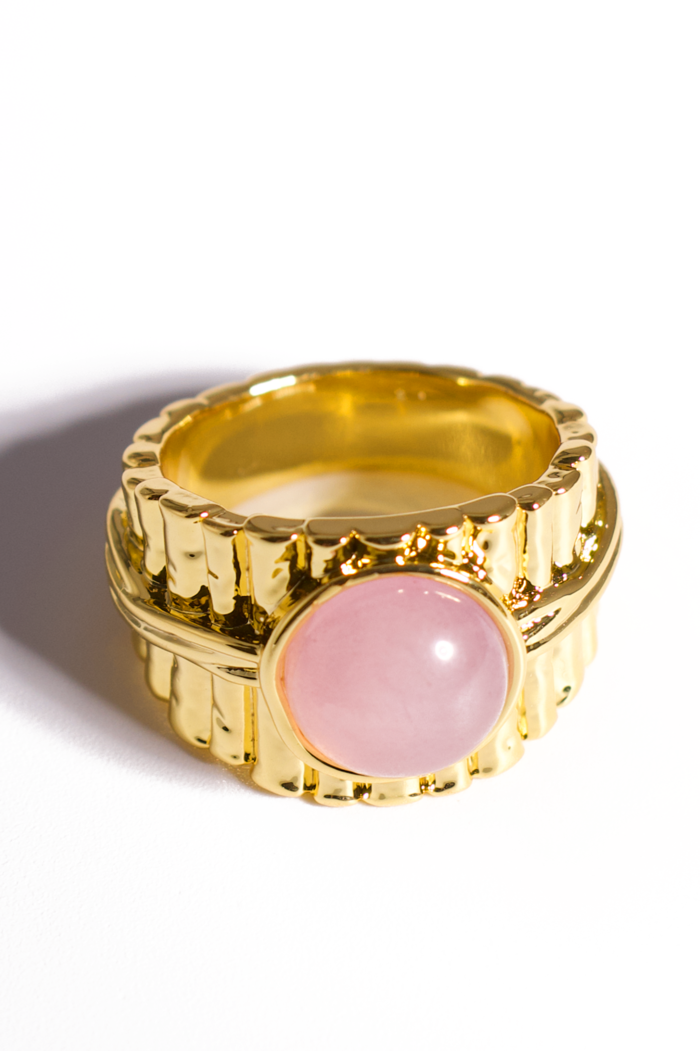 [Ring] Elegant Pink Stone Statement Ring – Wide Gold Band, Vintage-Inspired Cocktail Jewelry