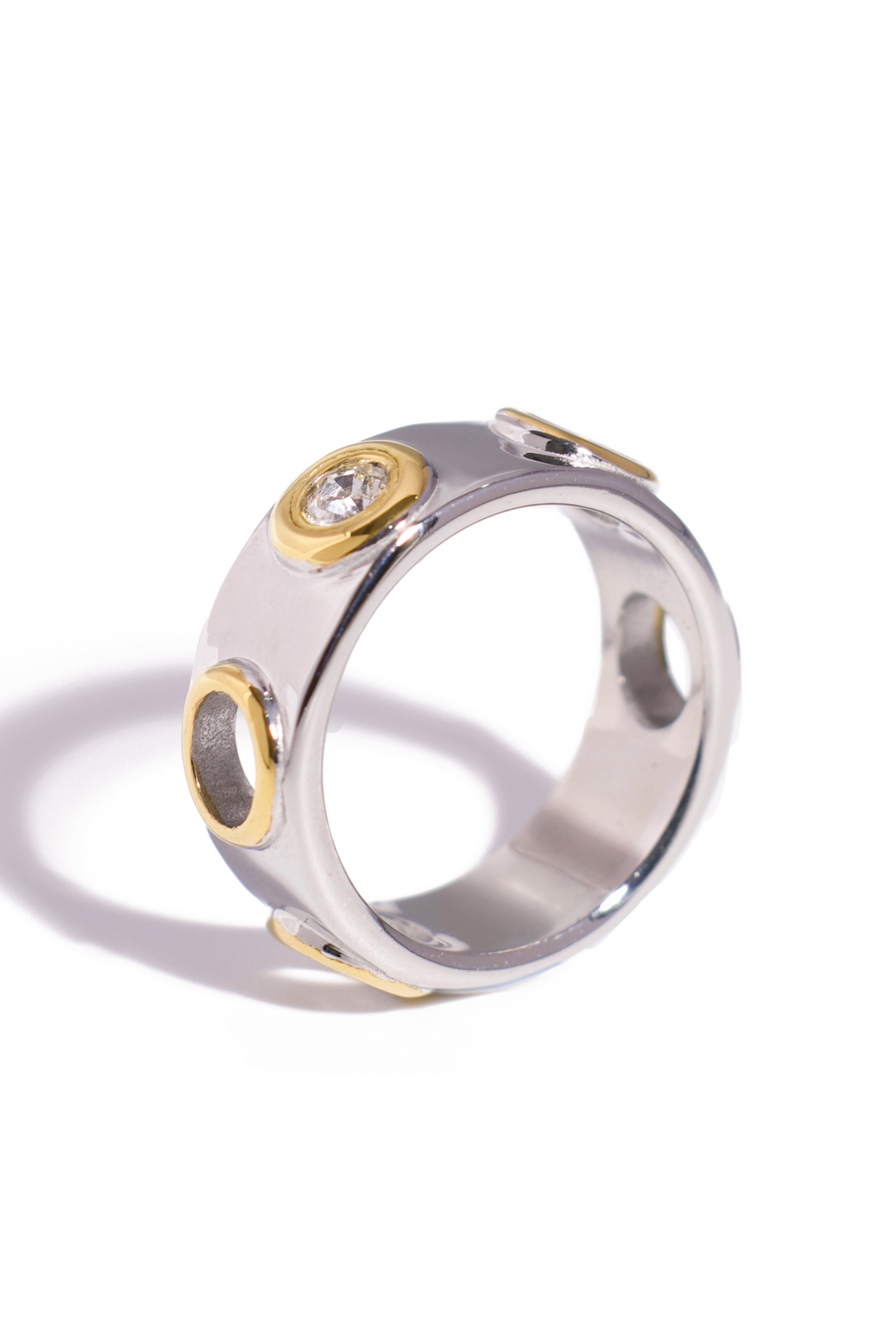 [Ring] 18K Gold Plated Stainless Steel Dual-Tone Orbit Ring with CZ Accents