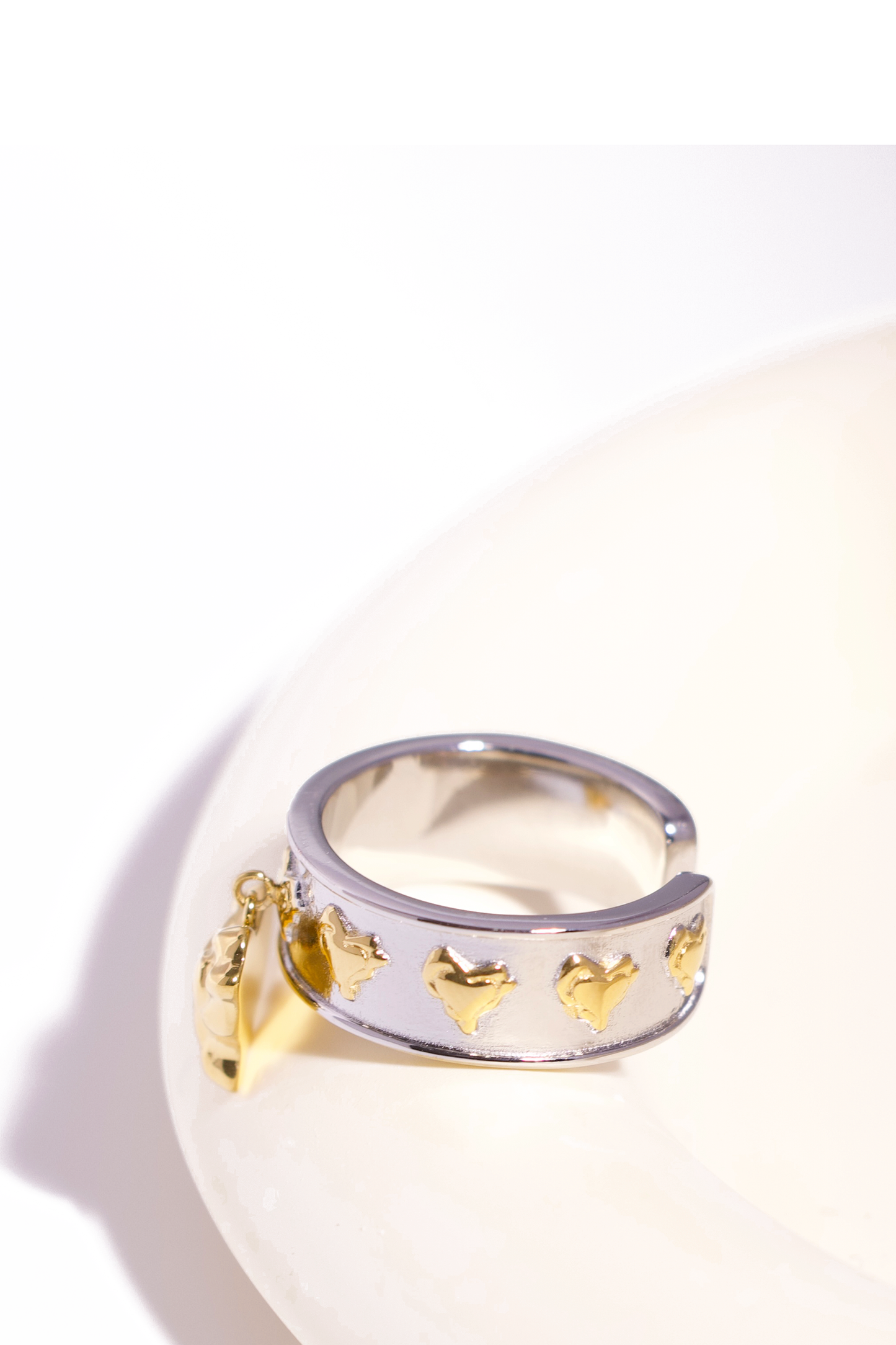 [Ring] Two-Tone Adjustable Ring with Dangling Gold Heart Charm, Stainless Steel 18K Gold-Plated