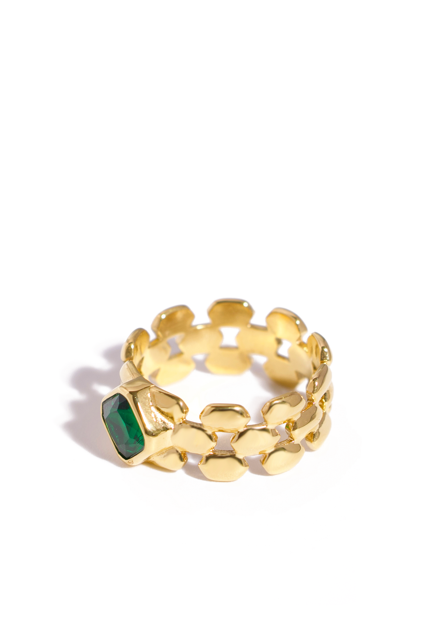 [Ring] Two‑Tone Dragon Scale Statement Ring – Green Zirconia, 18K Gold Plated Stainless Steel
