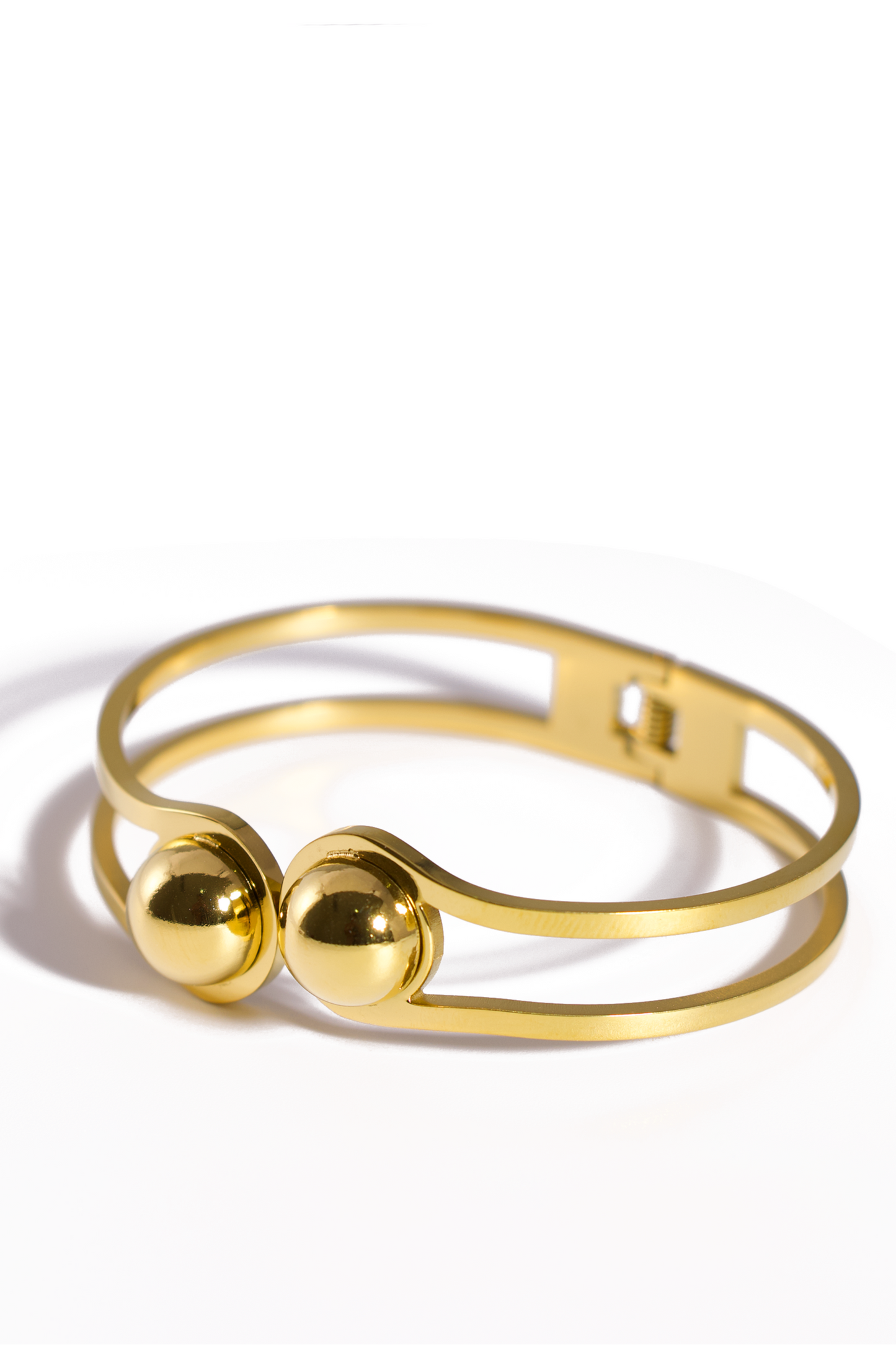 [Bracelet] Minimalist Double Sphere Gold Bangle – Modern Open Cuff Bracelet