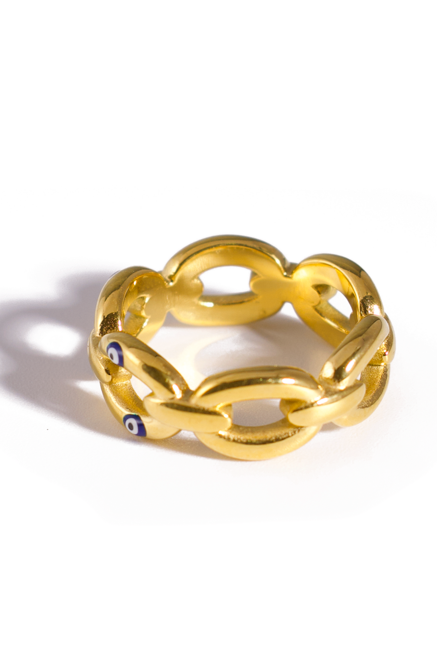 [Ring] 18K Gold Plated Stainless Steel Chain Link Ring with Evil Eye Enamel Accents – Trendy Protective Jewelry for Everyday Wear