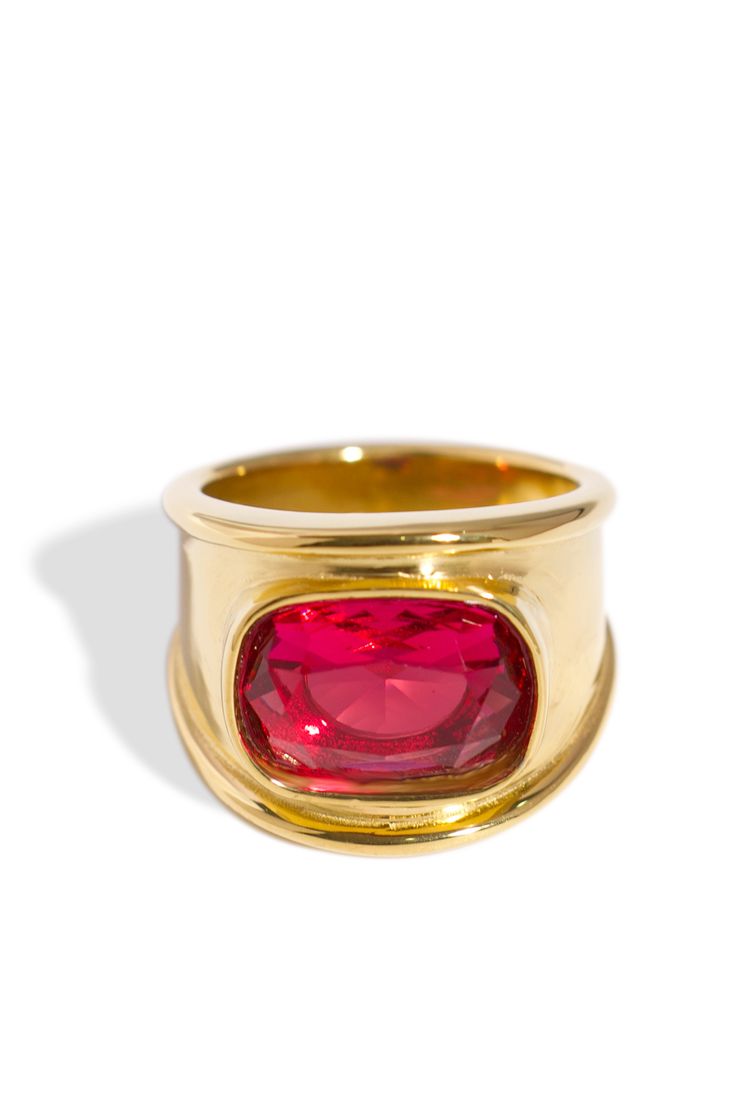 [Ring] Golden Ring, 18K Gold Plated Stainless Steel, Non-Tarnish Wide Band Ring with Ruby Red Zirconia