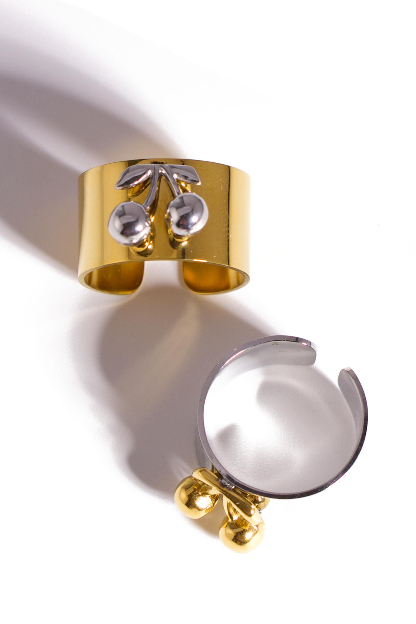 [Ring] Trendy Cherry Statement Ring – Adjustable Wide Cuff, Stainless Steel Cocktail Ring in Gold or Silver