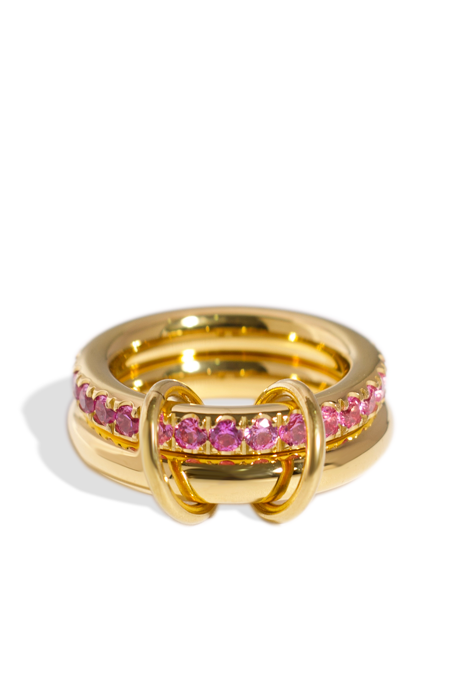 [Ring] Golden Ring, 18K Gold Plated Stainless Steel, Double-Ring Non-Tarnish Premium Pink Zirconia Inlaid