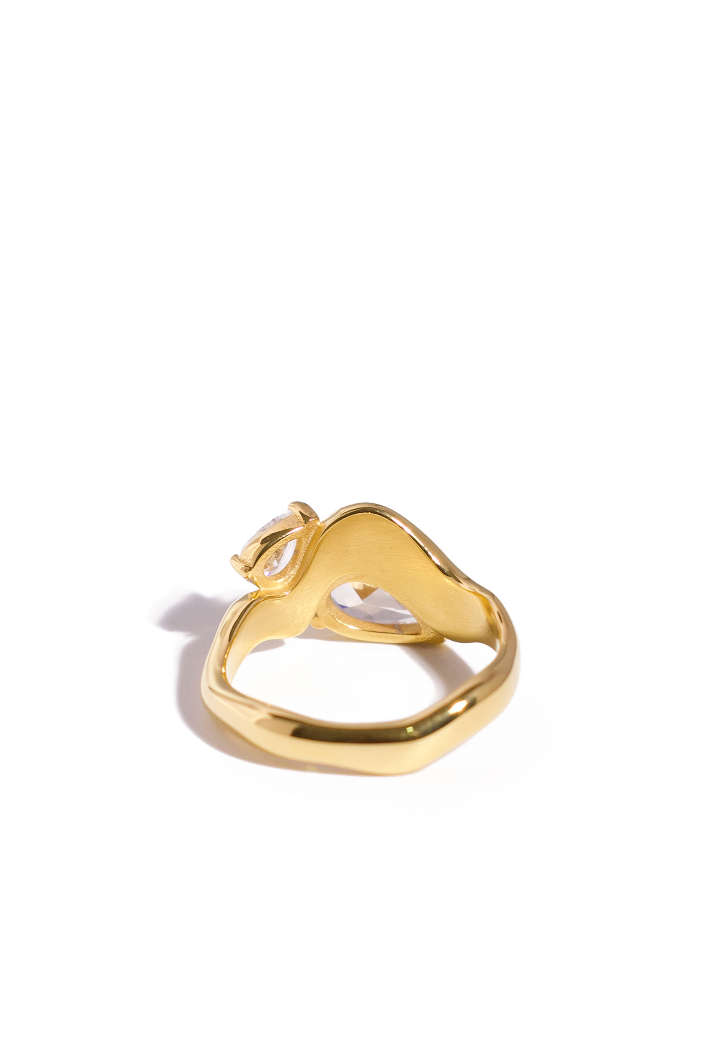 [Ring] 18K Gold Plated Bypass Ring with Double Pear-Cut Artificial Crystals, Stainless Steel