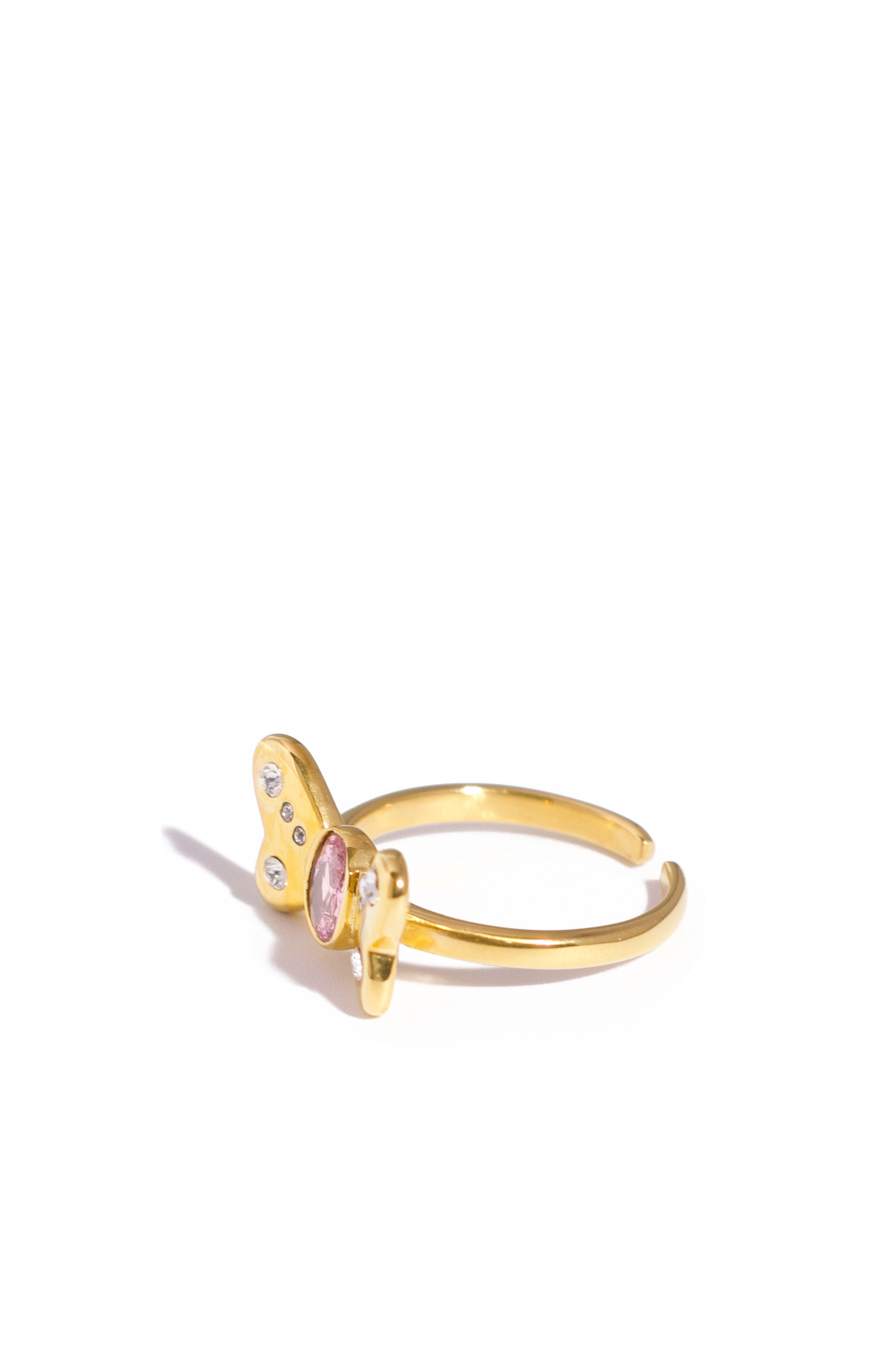 [Ring] 18K Gold Plated Bow Ring with Pink Zircon Center, Stainless Steel