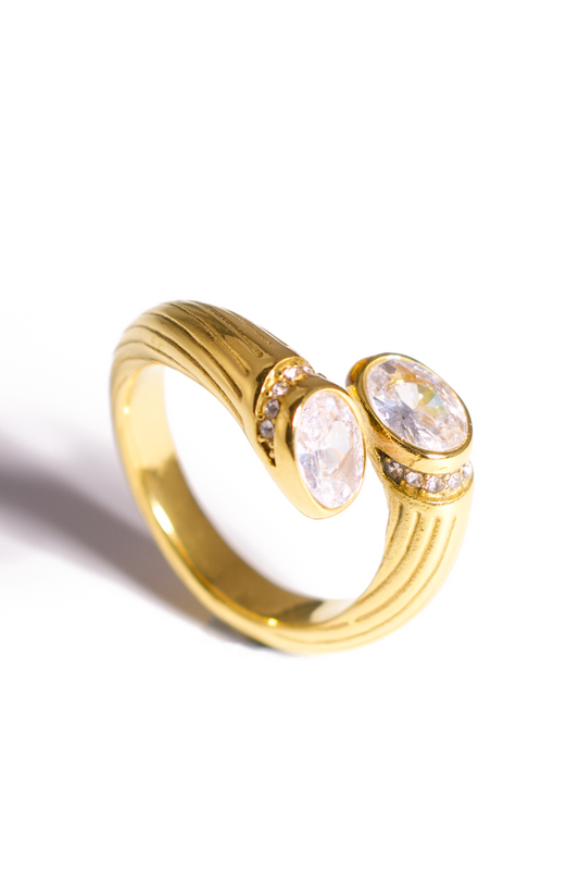 [Ring] Elegant Double Oval Stone Ring – Adjustable Open Band Gold Plated Statement Ring with CZ Accents