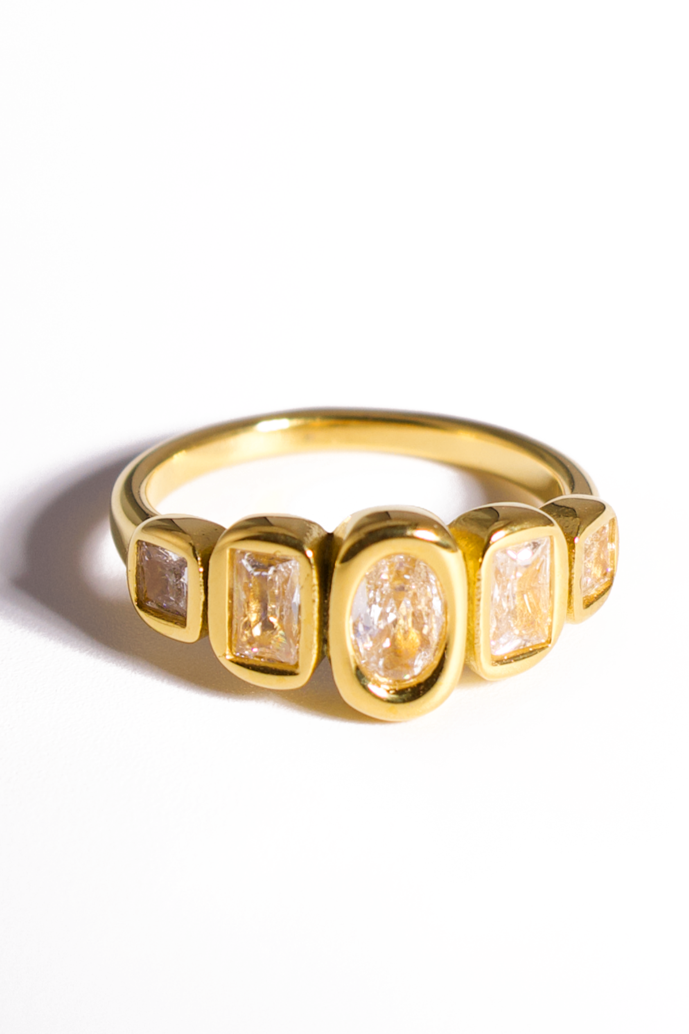 [Ring] Geometric Multi-Stone Statement Ring – Gold Plated Stainless Steel with Mixed-Cut Clear Zirconia Accents