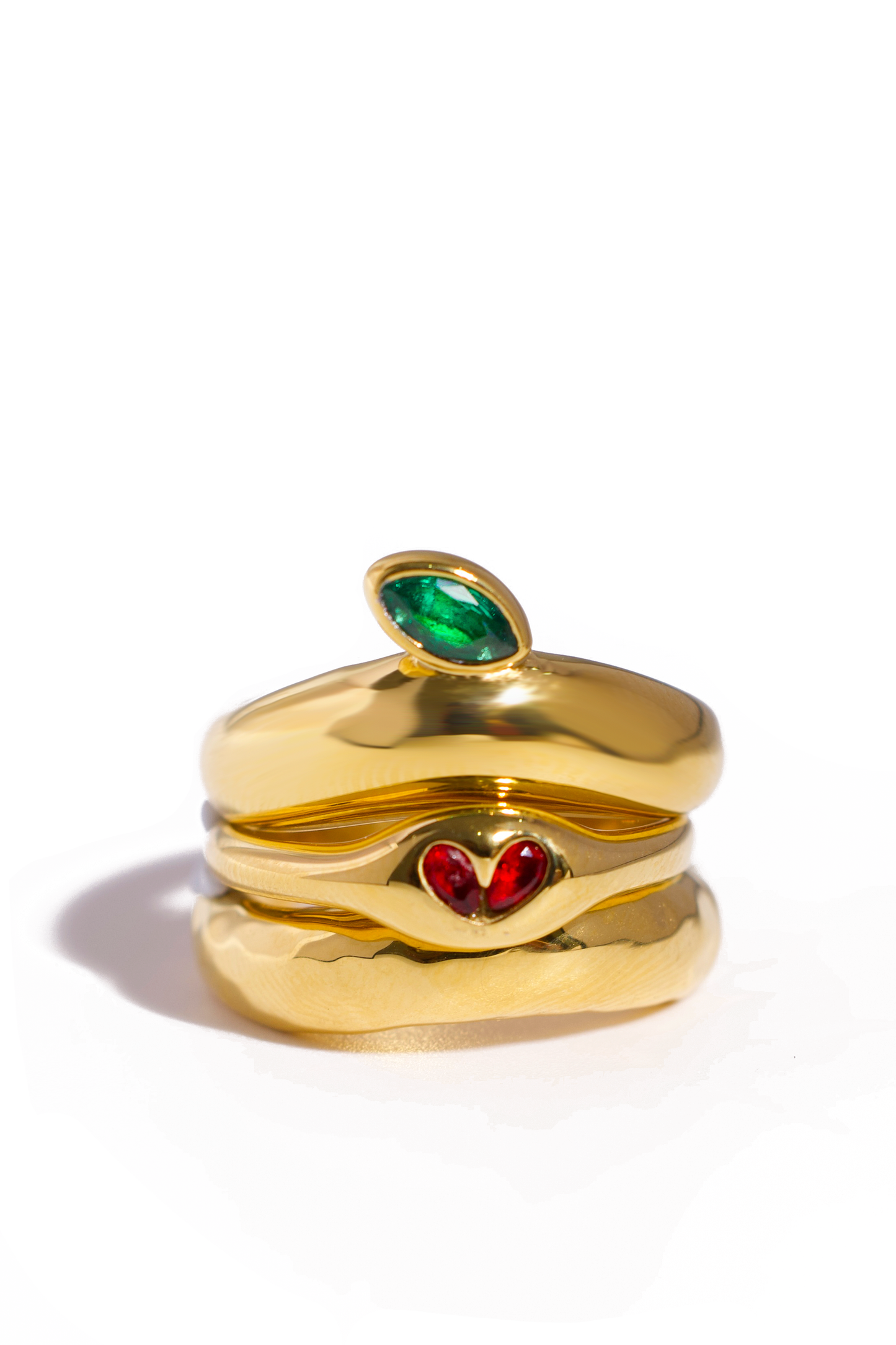 [Ring] Trinity Glow Ring Set – 18K Gold Plated Stainless Steel with Green & Red Cubic Zirconia