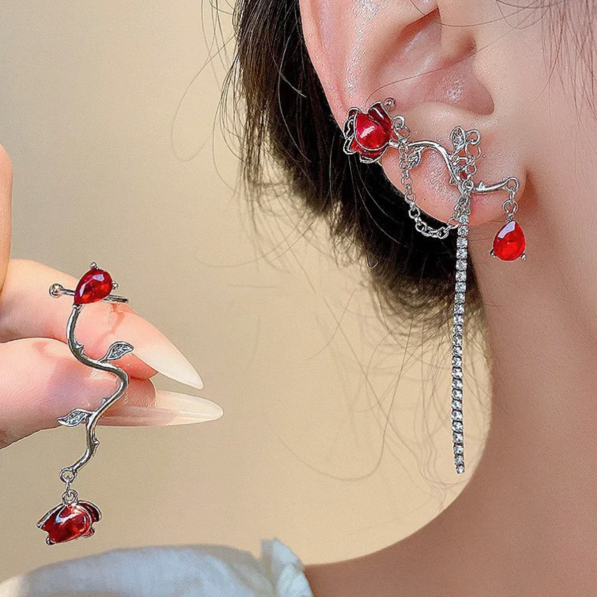 Asymmetry Dangle Earrings Red Rose Women Jewelry