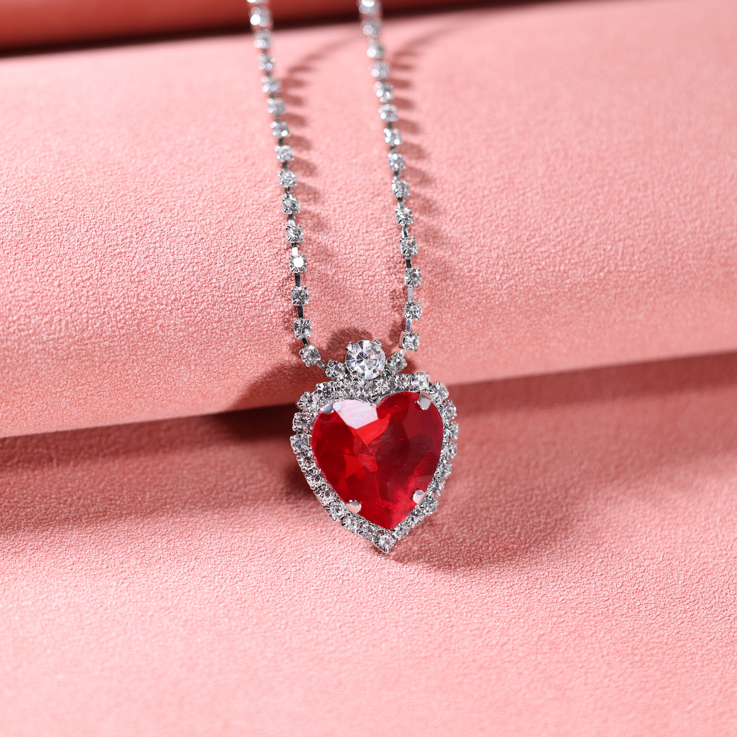 Sparkling Red Gemstone Heart Pendant Necklace, Glass, for Women