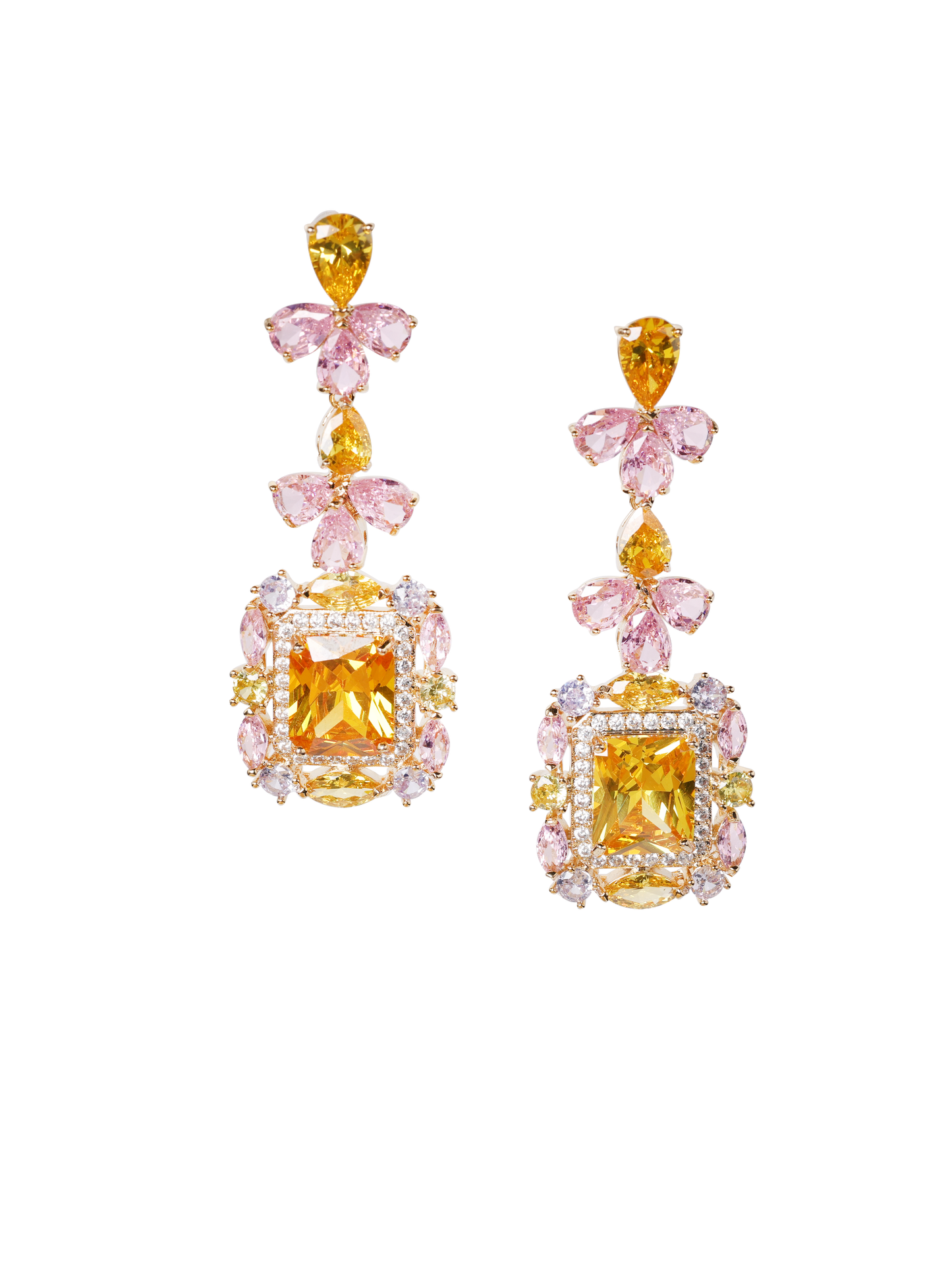 Dangle Earrings Pink and Yellow Premium Zirconia