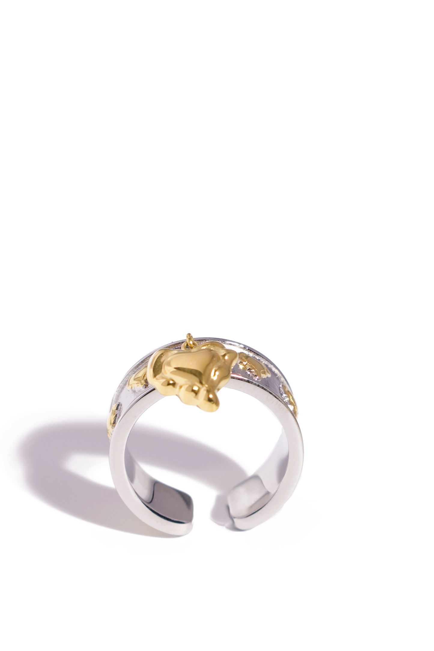 [Ring] Two-Tone Adjustable Ring with Dangling Gold Heart Charm, Stainless Steel 18K Gold-Plated