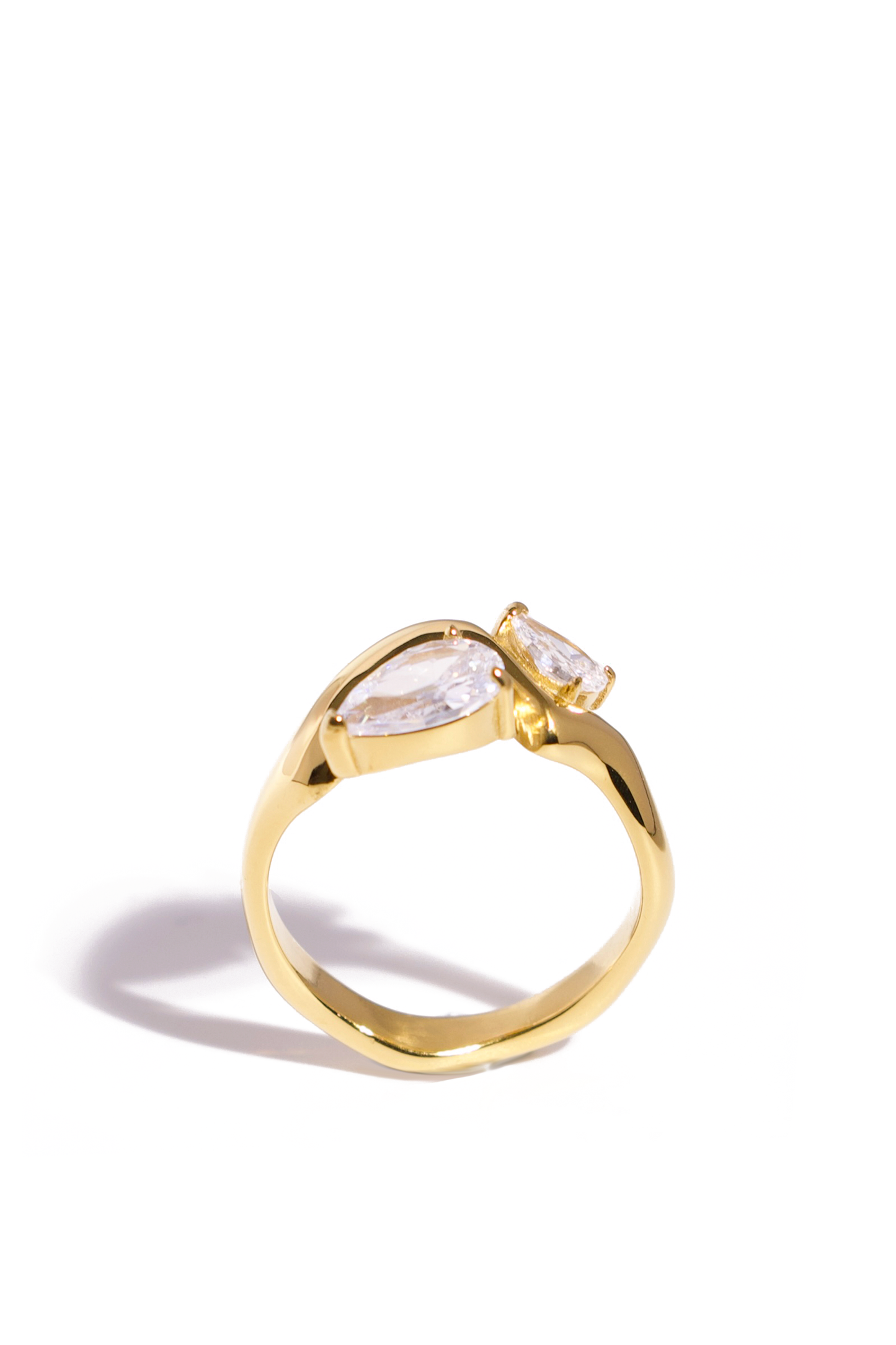 [Ring] 18K Gold Plated Bypass Ring with Double Pear-Cut Artificial Crystals, Stainless Steel