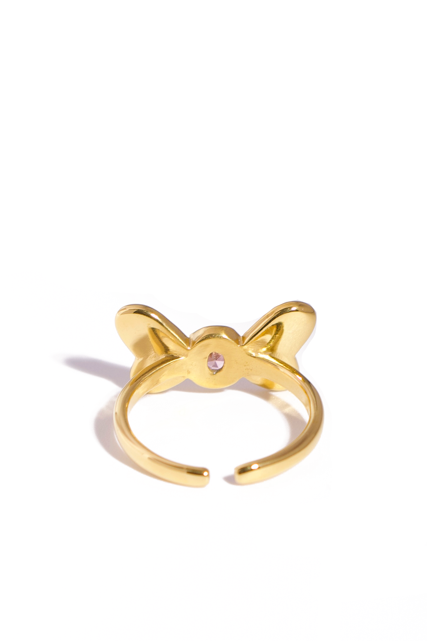 [Ring] 18K Gold Plated Bow Ring with Pink Zircon Center, Stainless Steel