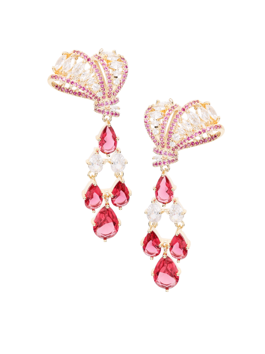 Dangle Earrings The Crown Design Red and White Premium Zirconia