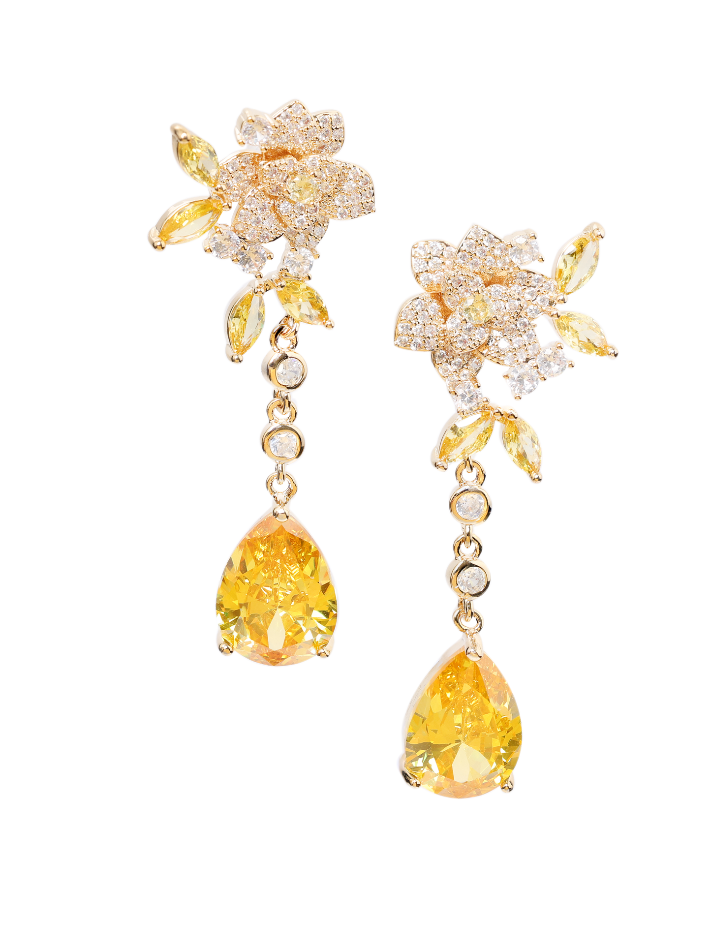 Dangle Earrings Blooming Floral Premium Yellow and White Zirconia