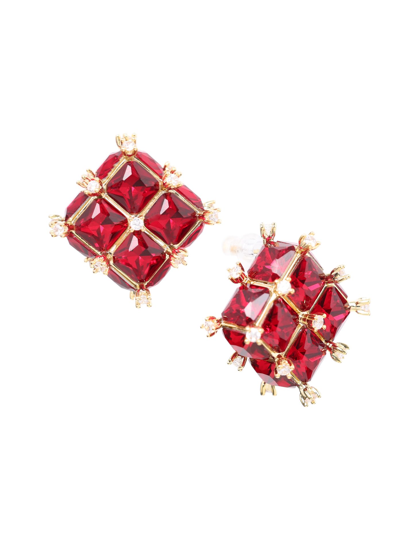 Ear Studs "The Red Square Pomegranate" Premium Red Zirconia