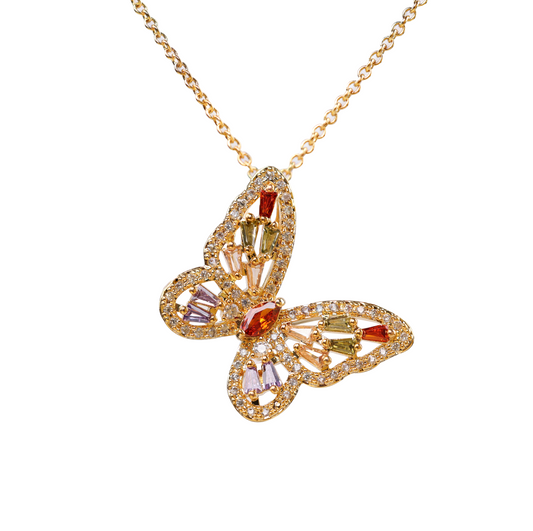 Big Butterfly Golden Pendant Necklace, Gemstones Studed, Women Jewelry