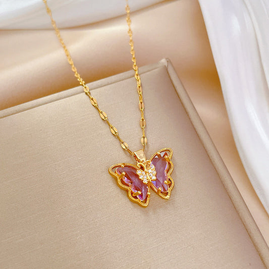 Cute Butterfly Pendant Necklace, Purple and Golden,