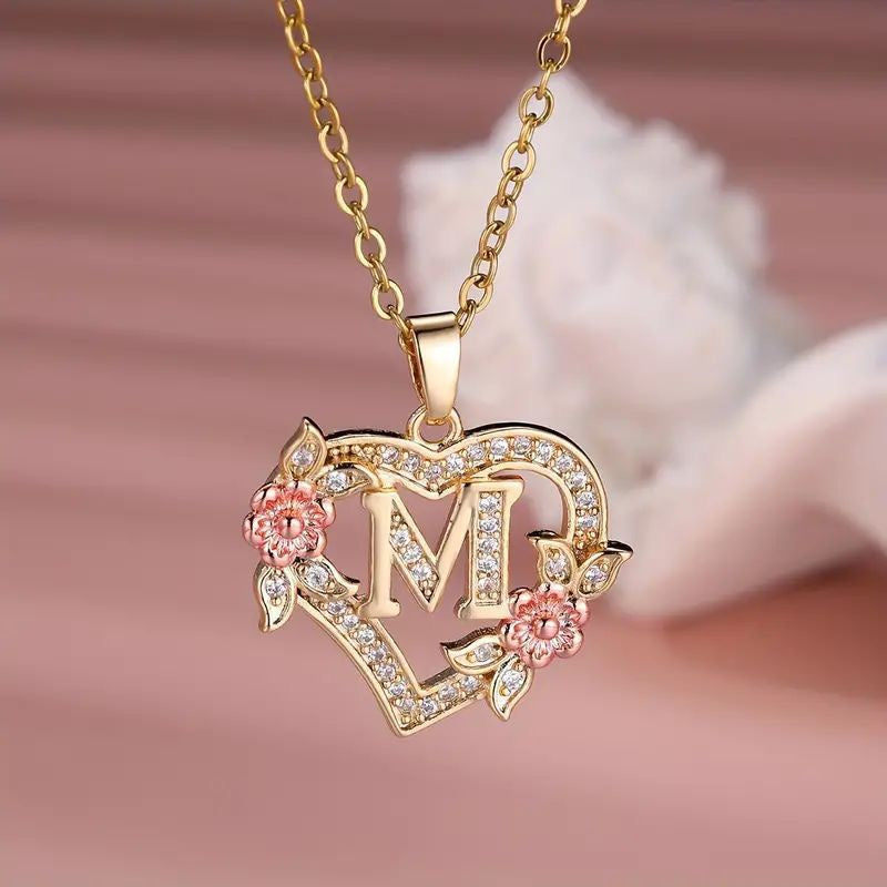 Letter "M" Heart Pendant Necklace, Zirconia Studed Golden, Women Jewelry