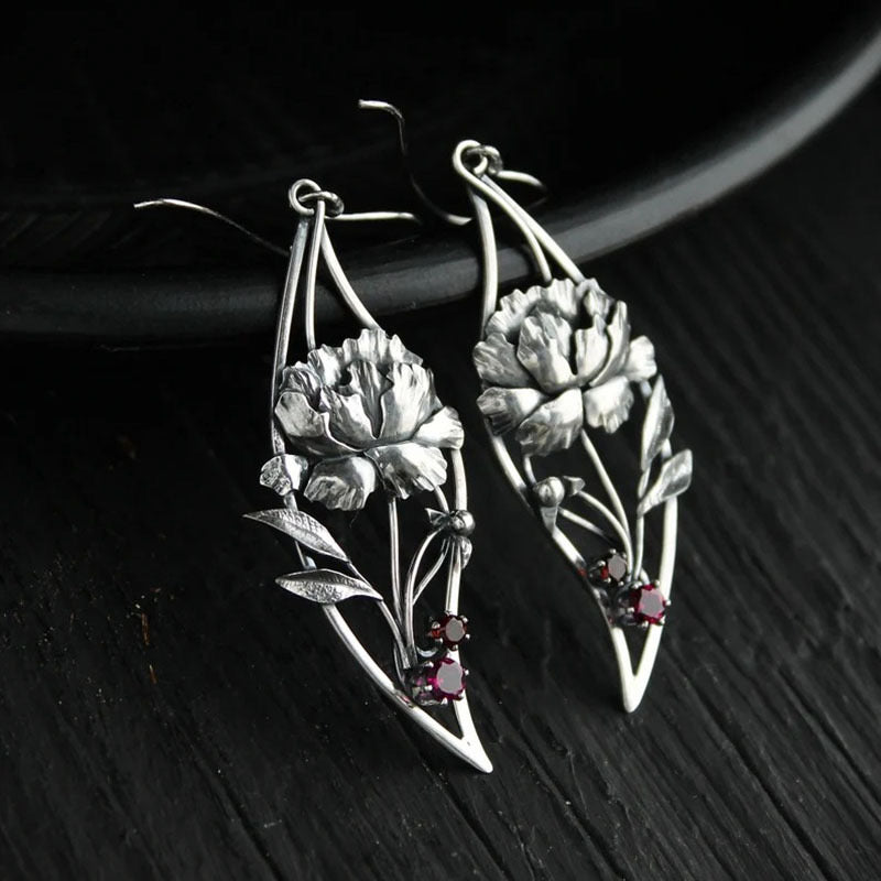 Royal Silvery Peony Flower Earrings, Fine Carved Long Dangle Earrings for Women