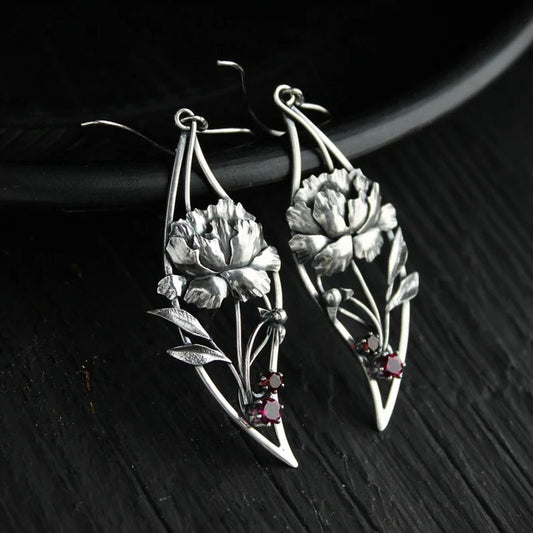 Royal Silvery Peony Flower Earrings, Fine Carved Long Dangle Earrings for Women