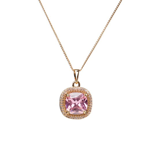 Pink Round Square Sparkling Pendant Necklace, Women Jewelry