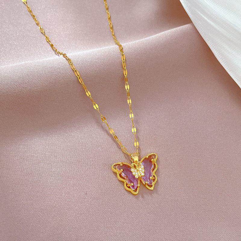 Cute Butterfly Pendant Necklace, Purple and Golden,