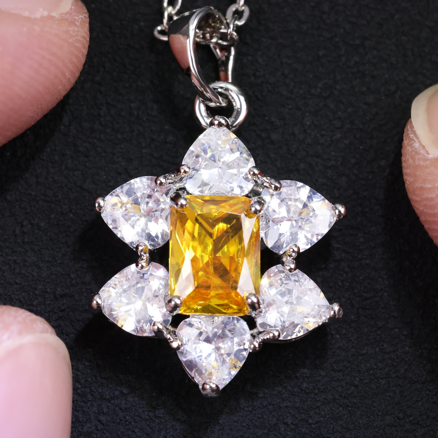 Yellow Flower Pendant Necklace, Sparkling Yellow and Pure Silvery, Women Jewelry