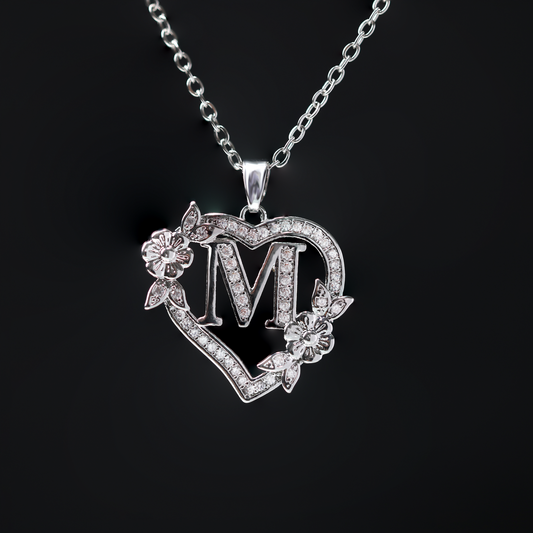 Letter "M" Heart Pendant Necklace, Silvery, Women Jewelry