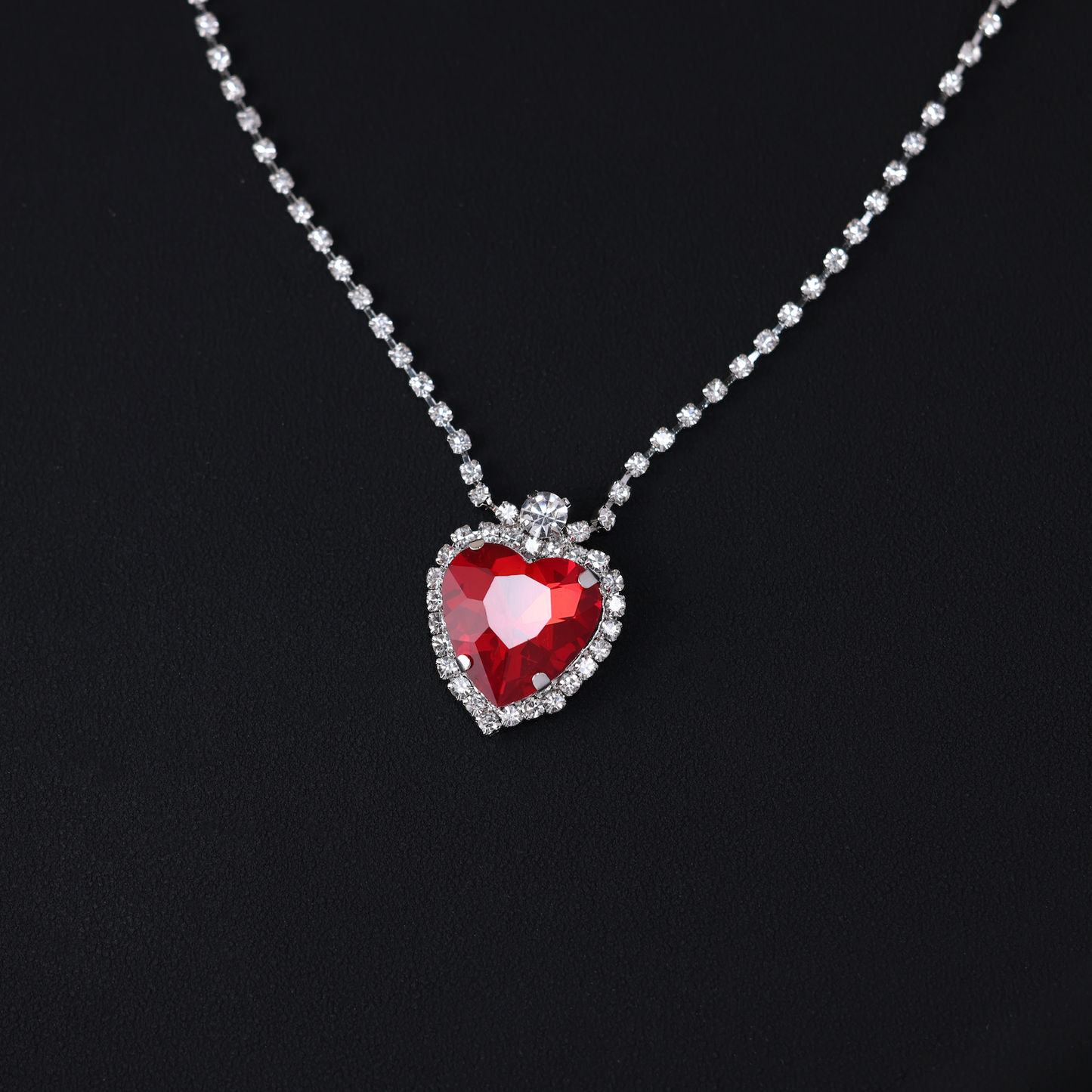 Sparkling Red Gemstone Heart Pendant Necklace, Glass, for Women