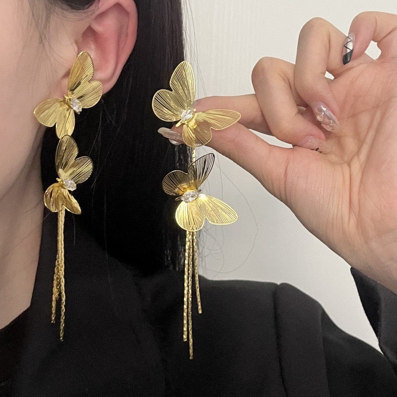 Golden butterfly Dangle Earrings, Tassel Earrings, Fine Hollowed-Out Design for Women