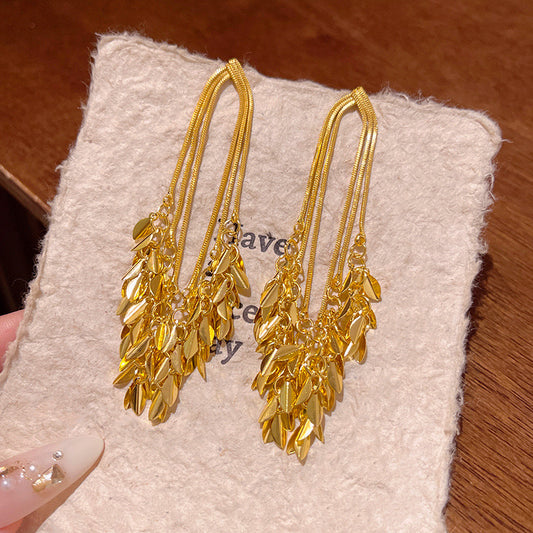 Golden Leaf Dangle Tassel Earrings