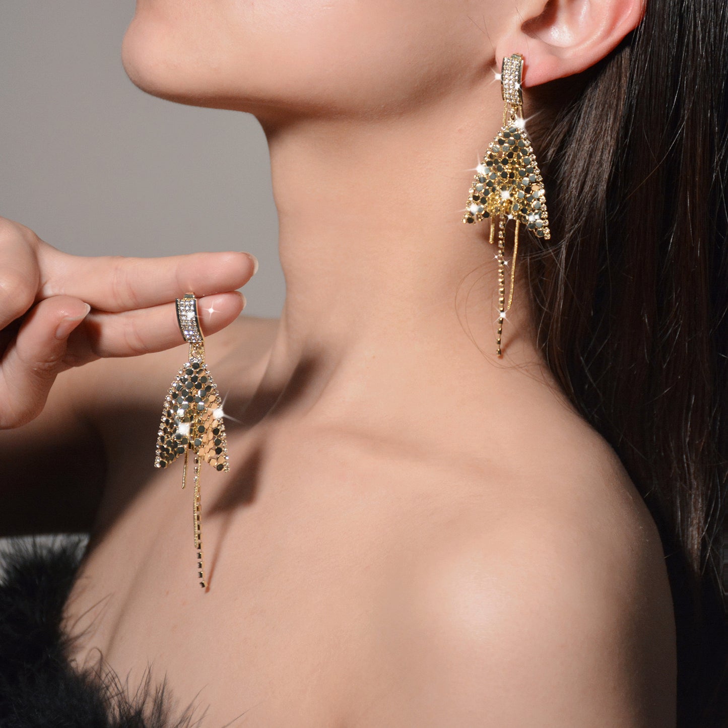 Sparkling Golden Dangle Earrings Luxury Triangle Design, Women Jewelry