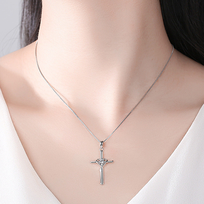 Pure Silvery Cross Sparkling Zirconia Studed, Unisex