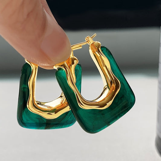 Hoop Earrings Luxury U-Shape Design, Green Resin Golden Hoops, Women Earrings