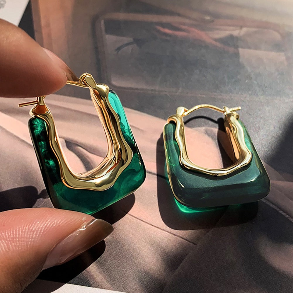 Hoop Earrings Luxury U-Shape Design, Green Resin Golden Hoops, Women Earrings